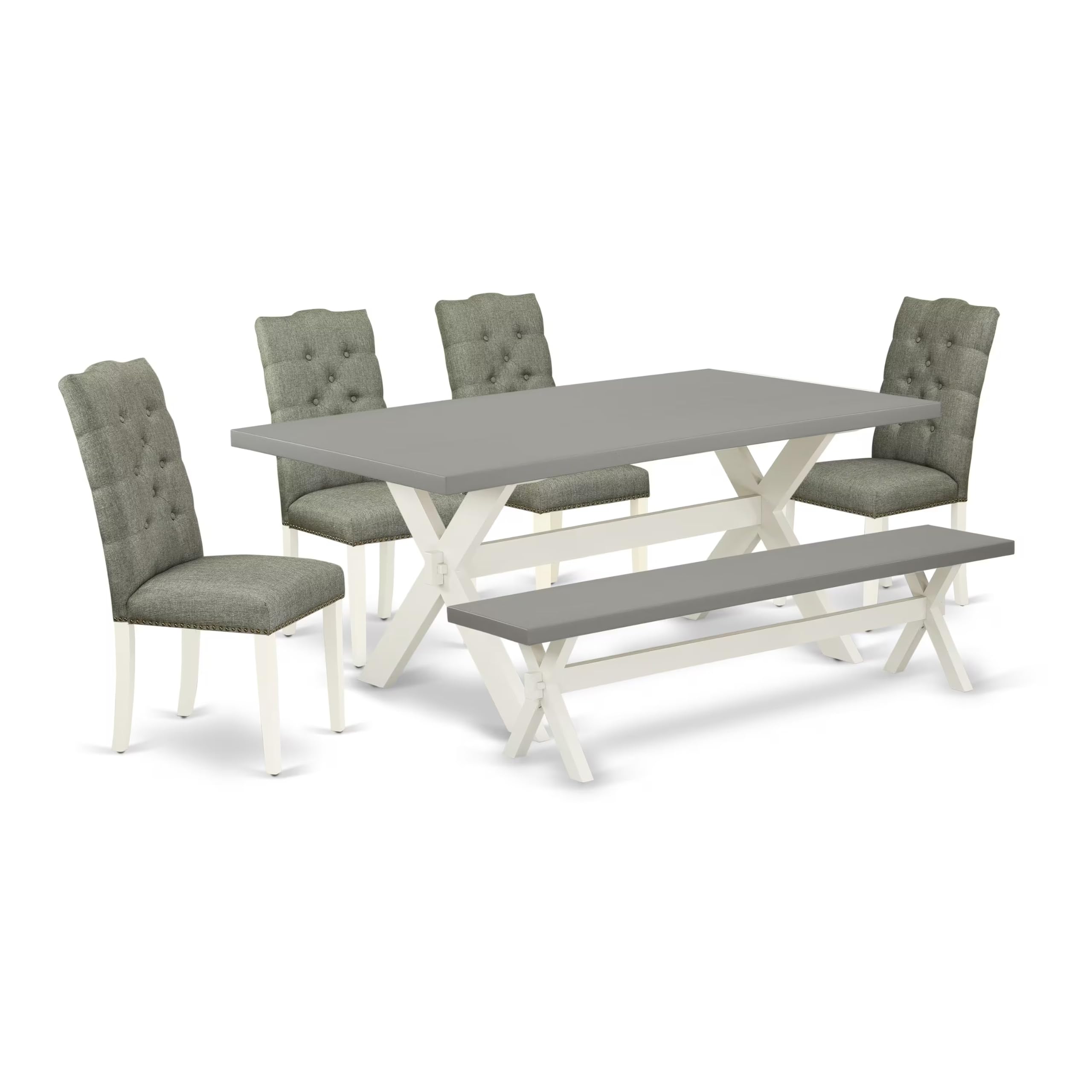East West Furniture X097El207-6 6 Piece Kitchen Table Set Contains A Rectangle Dining Table With X-Legs And 4 Gray Linen Fabric Parson Chairs With A Bench, 40X72 Inch, Multi-Color